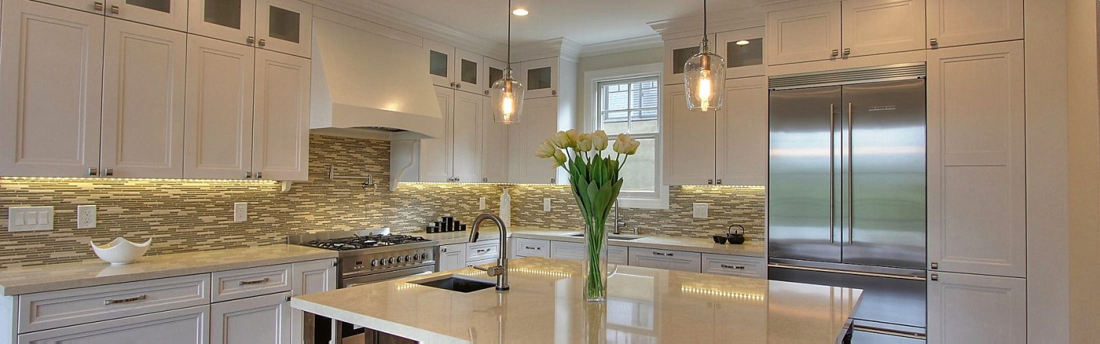 White Transitional  kitchen with dark cherry wood island San Mateo